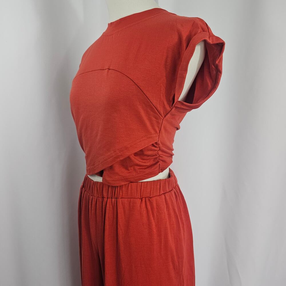 Cupshe Rust Orange Jersey Wide Leg Pants & Cropped Wrap Top Women's Size S NWT - Picture 5 of 16